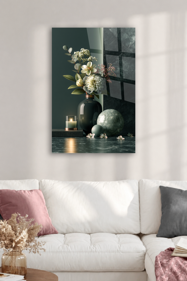 KIRILMAZ CAM TABLO MODERN VAZO ÇİÇEK TASARIMI SALON YATAK ODASI DUVAR DEKORU EV OFİS HEDİYESİ