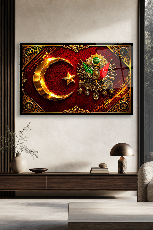 AY YILDIZ VE OSMANLI TUĞRALI KIRMIZI ALTIN DEKORATİF CAM TABLO OFİS HEDİYESİ