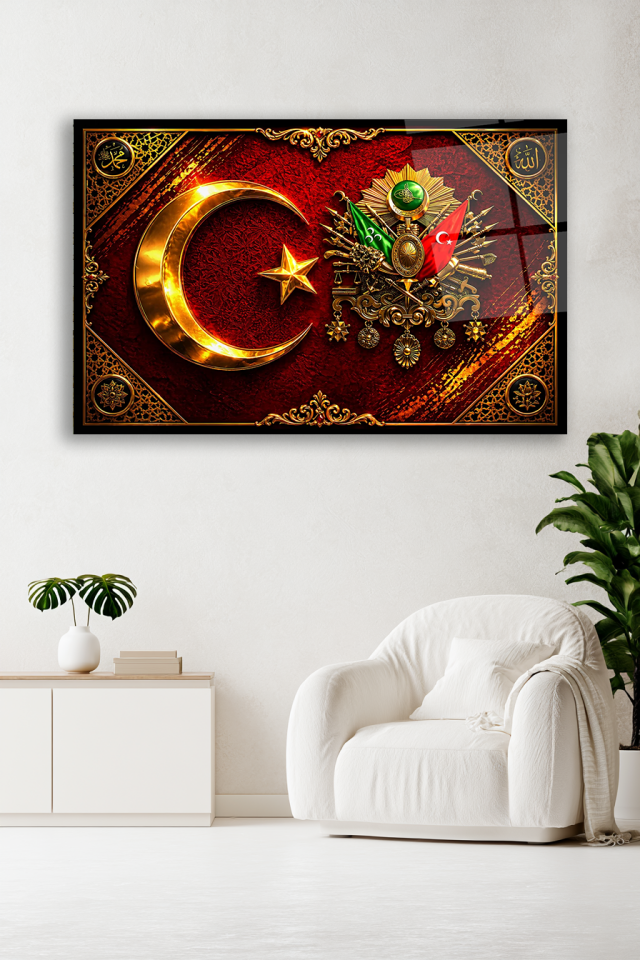 AY YILDIZ VE OSMANLI TUĞRALI KIRMIZI ALTIN DEKORATİF CAM TABLO OFİS HEDİYESİ