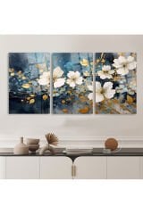 3 LÜ MAVİ RENKLİ ÇİÇEKLER PARÇALI SET TABLO KIRILMAZ LÜKS CAM TABLO EV HEDİYESİ
