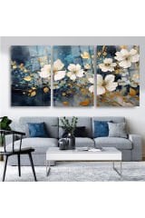 3 LÜ MAVİ RENKLİ ÇİÇEKLER PARÇALI SET TABLO KIRILMAZ LÜKS CAM TABLO EV HEDİYESİ