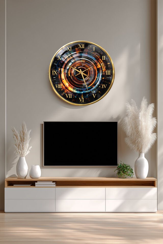 KIRILMAZ CAM DUVAR SAATİ, HEM TABLO HEM SAAT KOZMİK TÜNEL IŞILTILI SOYUT TASARIM EV OFİS HEDİYESİ