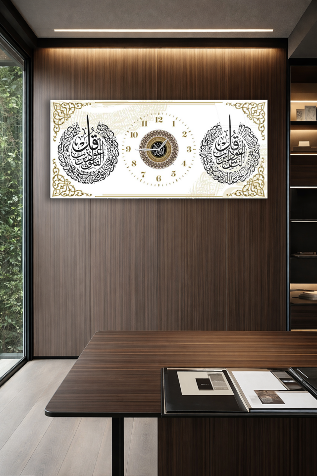 KIRILMAZ CAM DUVAR SAATİ , HEM TABLO HEM SAAT BEYAZ ZEMİN İSLAMİ CAM SAAT EV OFİS HEDİYESİ