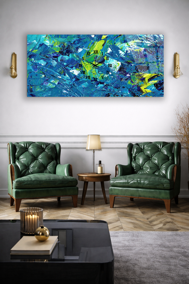 KIRILMAZ CAM DUVAR SAATİ , HEM TABLO HEM SAAT MAVİ YEŞİL SOYUT FIRÇA DOKU TASARIM EV OFİS HEDİYESİ