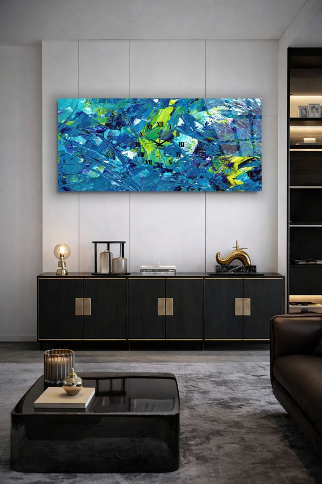 KIRILMAZ CAM DUVAR SAATİ , HEM TABLO HEM SAAT MAVİ YEŞİL SOYUT FIRÇA DOKU TASARIM EV OFİS HEDİYESİ