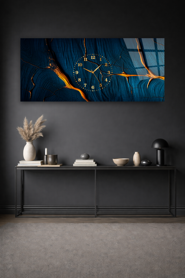 KIRILMAZ CAM DUVAR SAATİ , HEM TABLO HEM SAAT LACİVERT ALTIN DAMAR EV OFİS HEDİYESİ