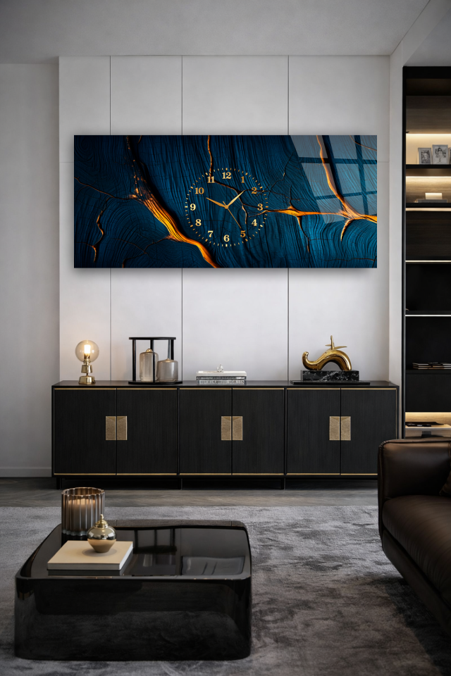 KIRILMAZ CAM DUVAR SAATİ , HEM TABLO HEM SAAT LACİVERT ALTIN DAMAR EV OFİS HEDİYESİ