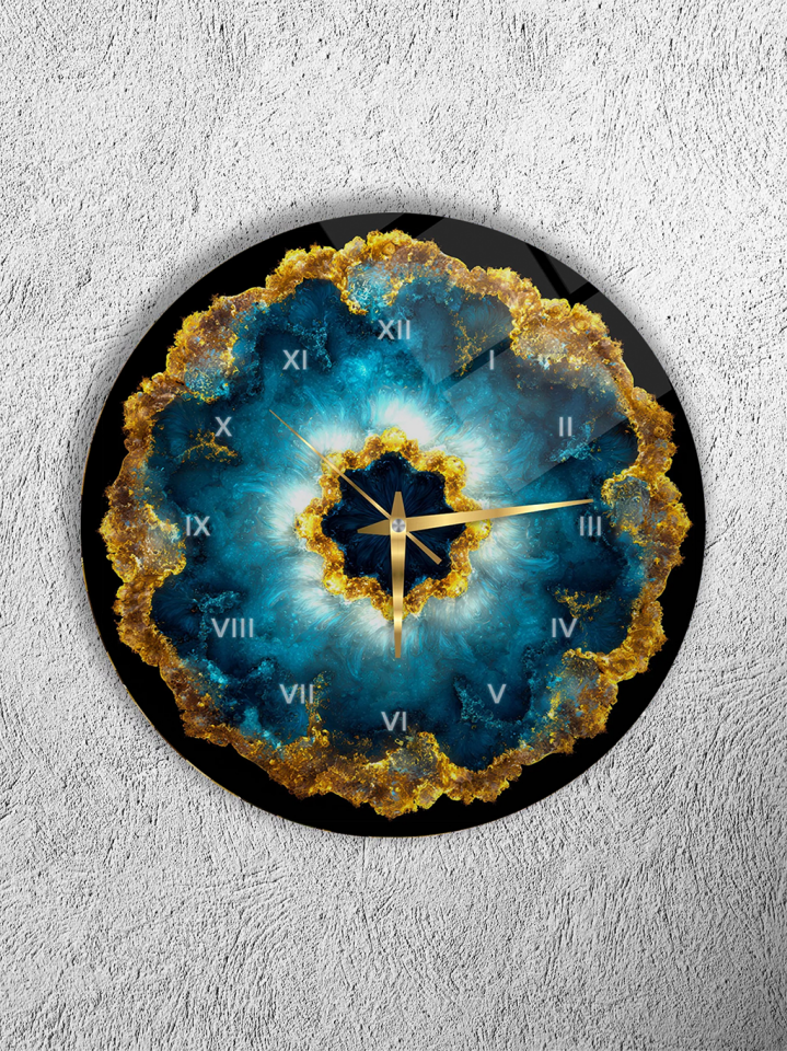 KIRILMAZ CAM DUVAR SAATİ, HEM TABLO HEM SAAT MAVİ AKİK TAŞ DESENLİ GOLD DETAY EV OFİS HEDİYESİ