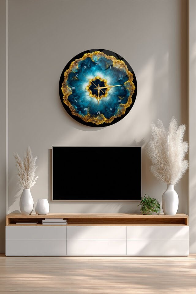 KIRILMAZ CAM DUVAR SAATİ, HEM TABLO HEM SAAT MAVİ AKİK TAŞ DESENLİ GOLD DETAY EV OFİS HEDİYESİ