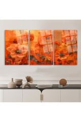 3 LÜ TURUNCU BOHEM ODASI ÇİÇEKLER PARÇALI SET TABLO KIRILMAZ LÜKS CAM TABLO EV HEDİYESİ