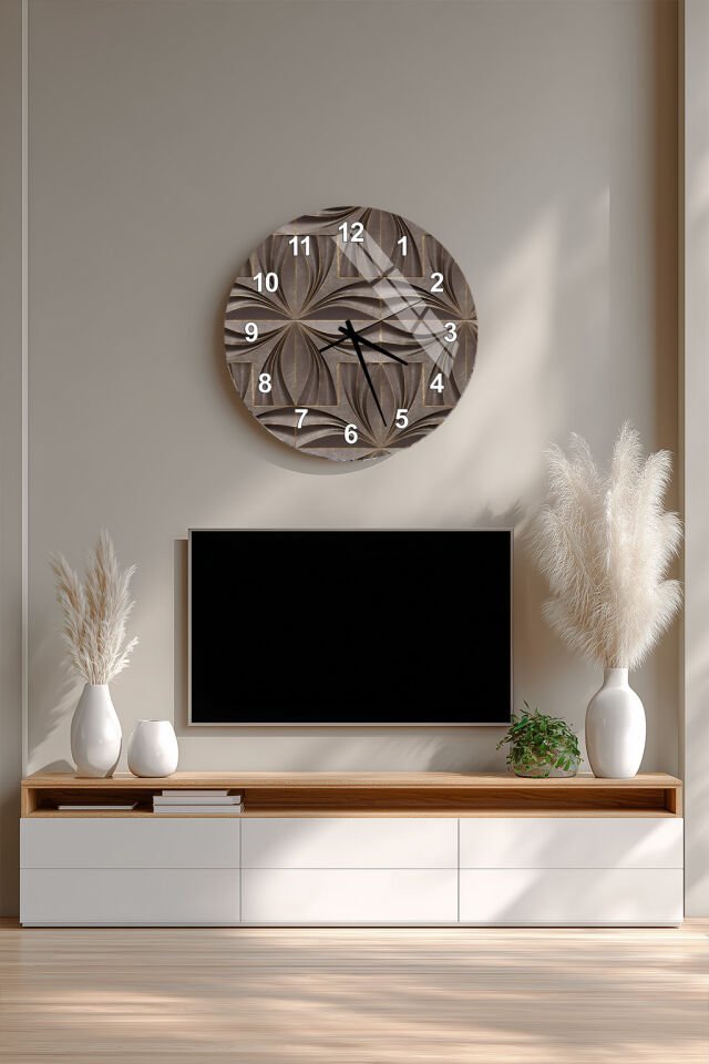 KIRILMAZ CAM DUVAR SAATİ, HEM TABLO HEM SAAT KAHVERENGİ GEOMETRİK MODERN DESEN EV OFİS HEDİYESİ