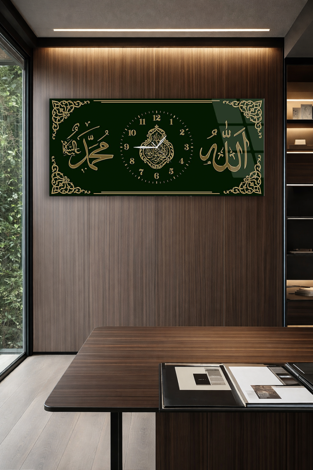 KIRILMAZ CAM DUVAR SAATİ , HEM TABLO HEM SAAT ALLAH VE MUHAMMED YAZILI CAM SAAT EV OFİS HEDİYESİ