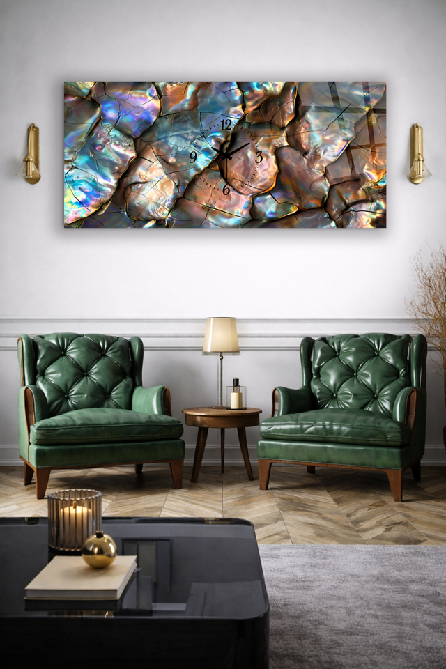 KIRILMAZ CAM DUVAR SAATİ , HEM TABLO HEM SAAT İRİDESAN MERMER DOKU MODERN TASARIM EV OFİS HEDİYESİ