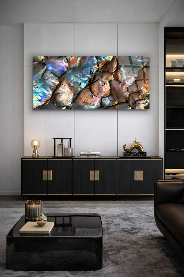 KIRILMAZ CAM DUVAR SAATİ , HEM TABLO HEM SAAT İRİDESAN MERMER DOKU MODERN TASARIM EV OFİS HEDİYESİ