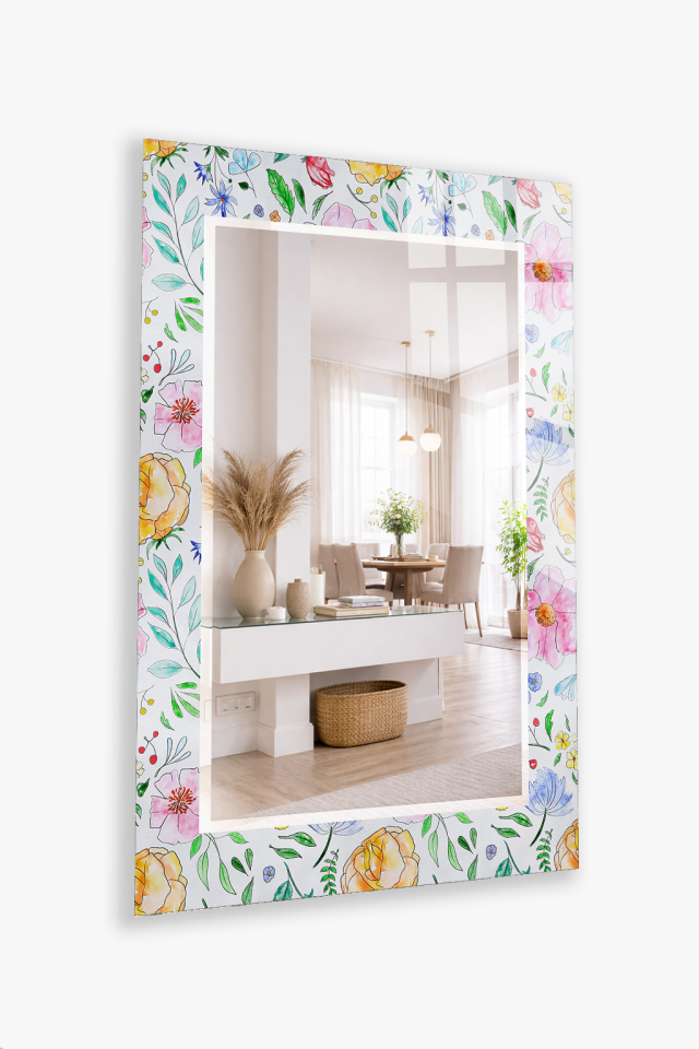 HEM TABLO HEM AYNA ÇİÇEK DESENLİ PASTEL BAHAR CAM DUVAR AYNASI EV DEKORU