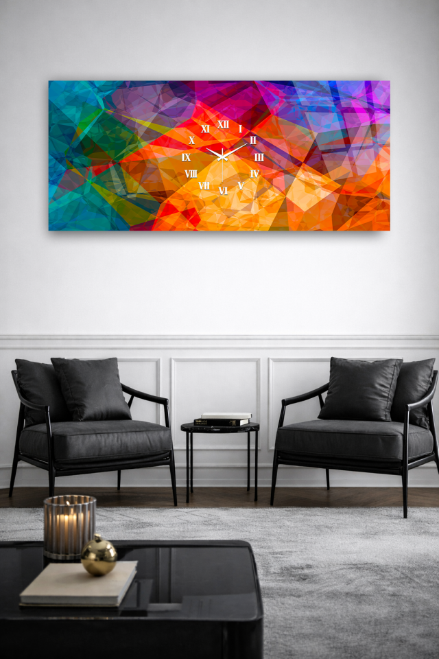 KIRILMAZ CAM DUVAR SAATİ , HEM TABLO HEM SAAT RENKLİ GEOMETRİK POLİGON EV OFİS HEDİYESİ