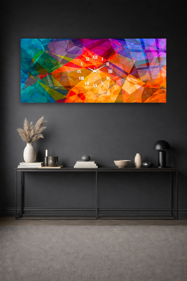 KIRILMAZ CAM DUVAR SAATİ , HEM TABLO HEM SAAT RENKLİ GEOMETRİK POLİGON EV OFİS HEDİYESİ