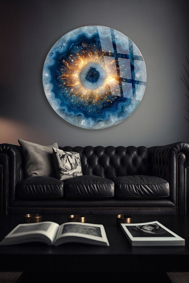 KIRILMAZ CAM DUVAR TABLOSU – MAVİ KOZMİK GÖZ SOYUT SANAT TASARIMI | LÜKS MODERN DEKOR