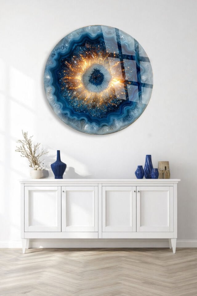 KIRILMAZ CAM DUVAR TABLOSU – MAVİ KOZMİK GÖZ SOYUT SANAT TASARIMI | LÜKS MODERN DEKOR