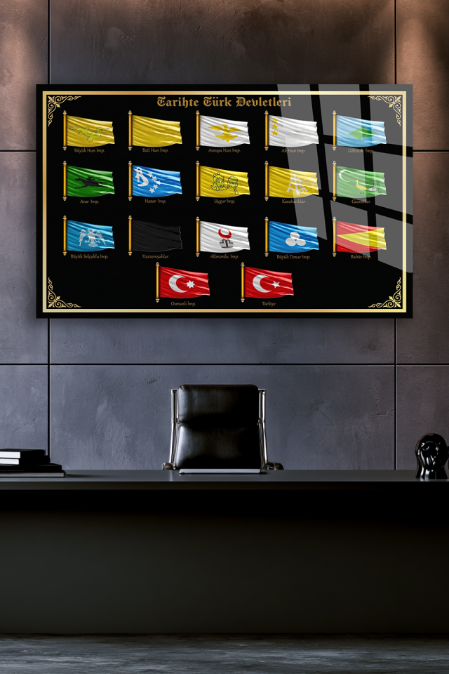 TARİHTE TÜRK DEVLETLERİ BAYRAKLARI YAZILI DEKORATİF CAM TABLO EV OFİS HEDİYESİ