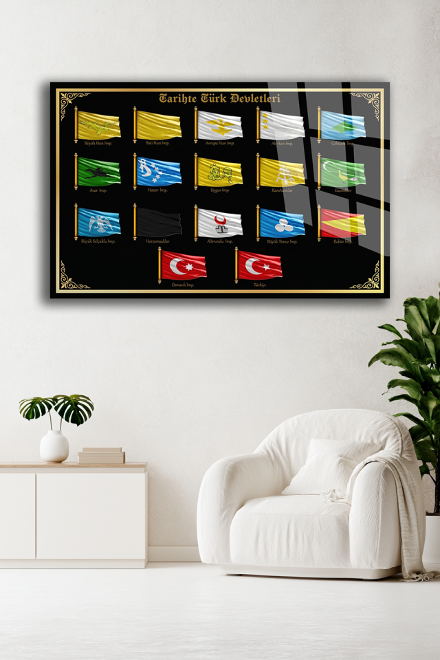 TARİHTE TÜRK DEVLETLERİ BAYRAKLARI YAZILI DEKORATİF CAM TABLO EV OFİS HEDİYESİ