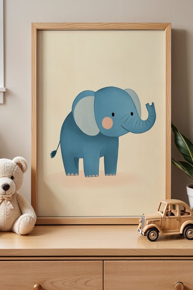 DOĞAL AHŞAP - Mavi Fil Çocuk Odası Ahşap Çerçeveli Duvar Tablosu