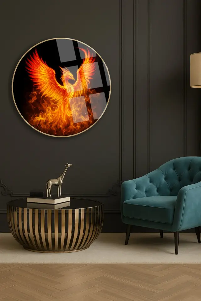 ANKA KUŞU MODERN TABLO KIRILMAZ LÜKS CAM TABLO YUVARLAK CAM TABLO EV HEDİYESİ Turuncu