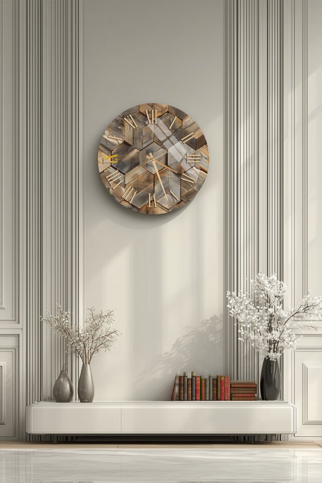 KIRILMAZ CAM DUVAR SAATİ, HEM TABLO HEM SAAT AHŞAP DOKULU ALTIGEN GEOMETRİK TASARIM EV OFİS HEDİYESİ