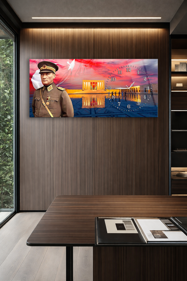 KIRILMAZ CAM DUVAR SAATİ , HEM TABLO HEM SAAT ATATÜRK VE ANITKABİR TEMALI SAAT EV OFİS HEDİYESİ