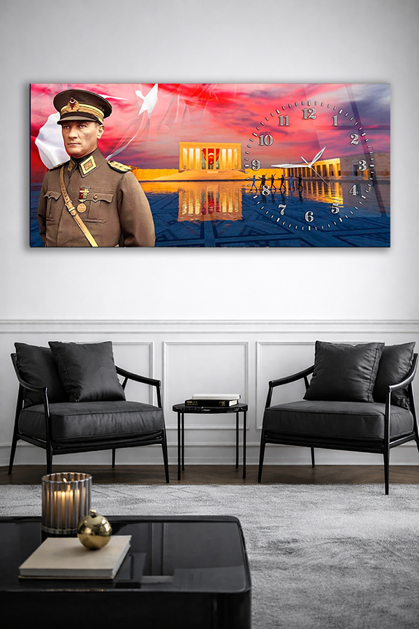 KIRILMAZ CAM DUVAR SAATİ , HEM TABLO HEM SAAT ATATÜRK VE ANITKABİR TEMALI SAAT EV OFİS HEDİYESİ