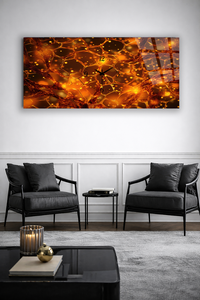 KIRILMAZ CAM DUVAR SAATİ , HEM TABLO HEM SAAT ALTIN PETEK IŞIK EFEKTLİ LÜKS TASARIM EV OFİS HEDİYESİ