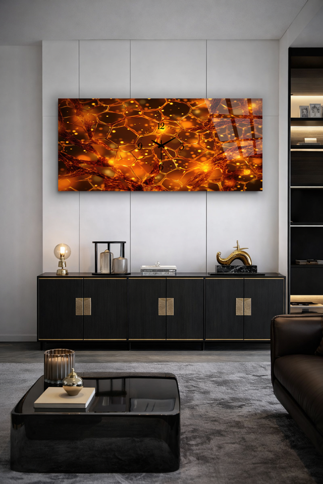 KIRILMAZ CAM DUVAR SAATİ , HEM TABLO HEM SAAT ALTIN PETEK IŞIK EFEKTLİ LÜKS TASARIM EV OFİS HEDİYESİ