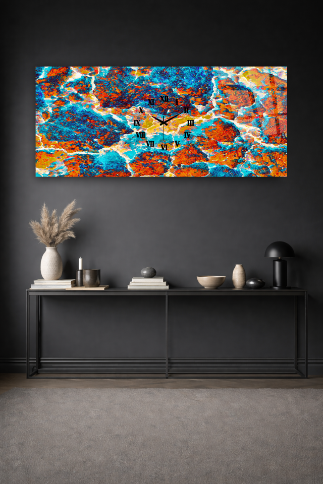 KIRILMAZ CAM DUVAR SAATİ , HEM TABLO HEM SAAT CANLI TAŞ DOKU RENKLİ EV OFİS HEDİYESİ