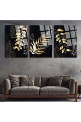 3 LÜ HARİKA UYUM SİYAH TEMA ALTIN YAPRAK TABLO PARÇALI SET TABLO KIRILMAZ LÜKS CAM TABLO EV HEDİYESİ