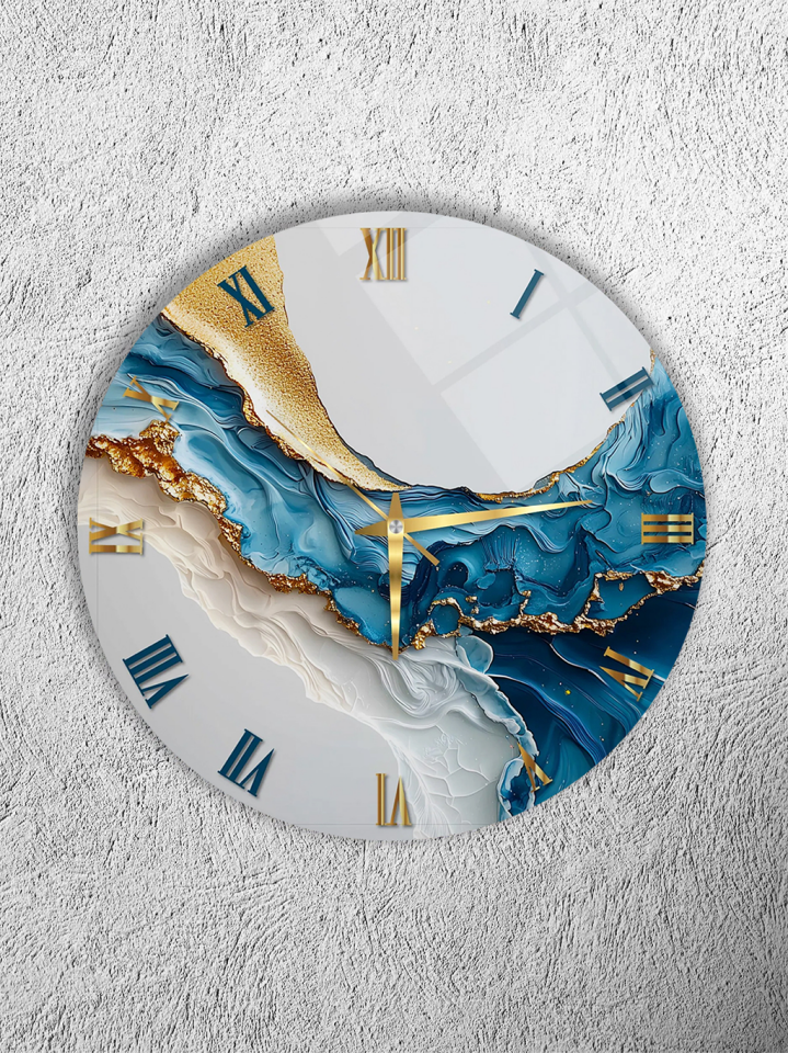 KIRILMAZ CAM DUVAR SAATİ, HEM TABLO HEM SAAT MAVİ BEYAZ MERMER EFEKTLİ LÜKS TASARIM EV OFİS HEDİYESİ