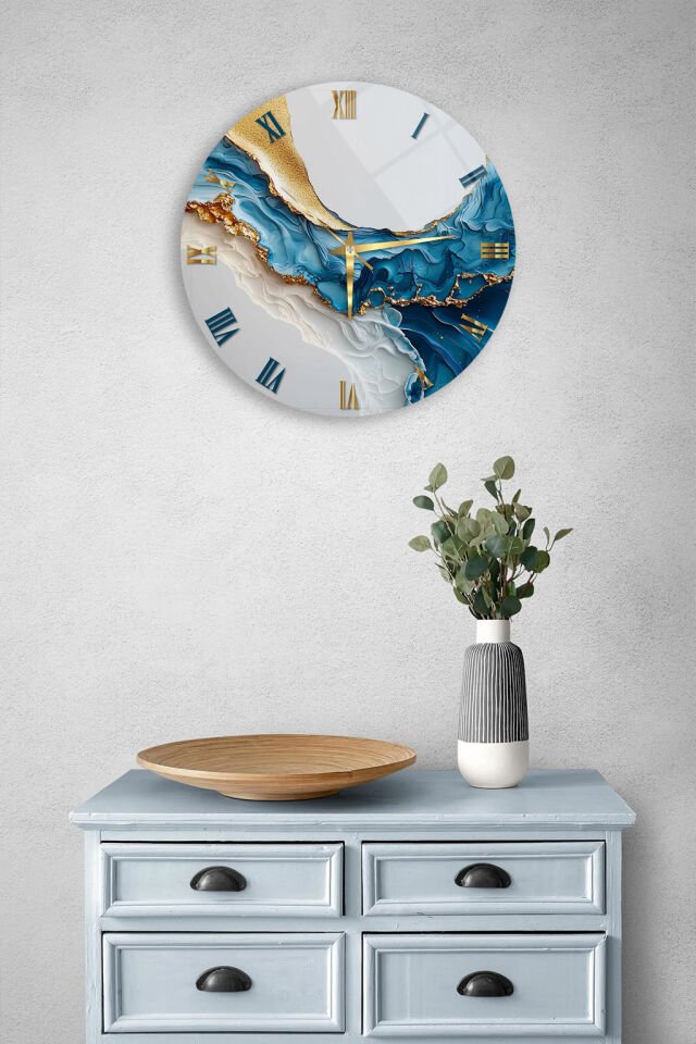 KIRILMAZ CAM DUVAR SAATİ, HEM TABLO HEM SAAT MAVİ BEYAZ MERMER EFEKTLİ LÜKS TASARIM EV OFİS HEDİYESİ