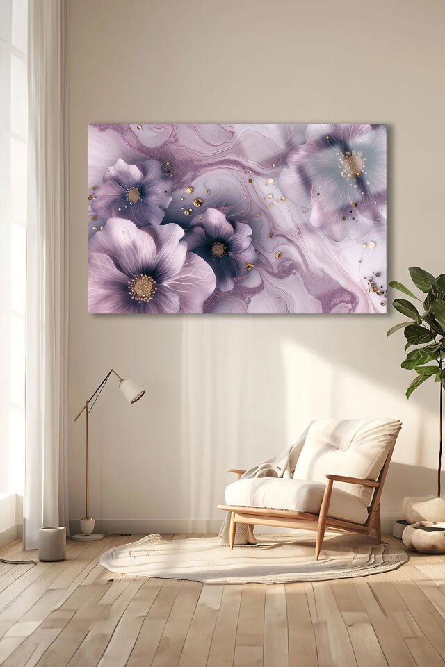 PARILDAYAN GOLD DETAYLI MOR ÇİÇEKLER YATAY CAM TABLO KIRILMAZ LÜKS CAM TABLO EV HEDİYESİ