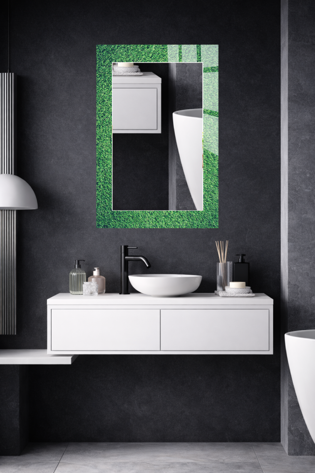 HEM TABLO HEM AYNA DOĞAL ÇİM DOKULU YEŞİL CAM DUVAR AYNASI EV DEKORU