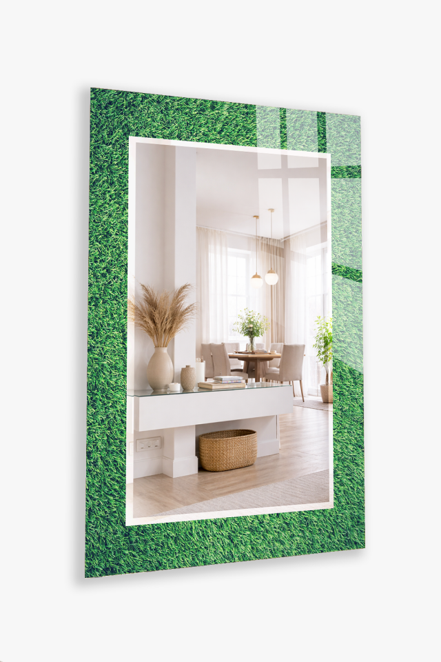 HEM TABLO HEM AYNA DOĞAL ÇİM DOKULU YEŞİL CAM DUVAR AYNASI EV DEKORU