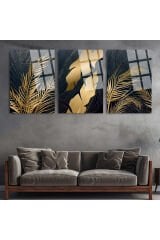 3 LÜ HARİKA UYUM SİYAH TEMA ALTIN YAPRAK TABLO PARÇALI SET TABLO KIRILMAZ LÜKS CAM TABLO EV HEDİYESİ