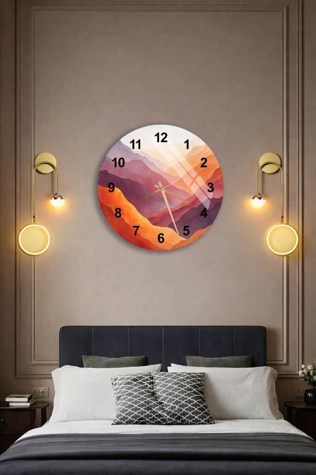 KIRILMAZ CAM DUVAR SAATİ, HEM TABLO HEM SAAT SOYUT DAĞ MANZARALI MODERN SANATSAL EV OFİS HEDİYESİ