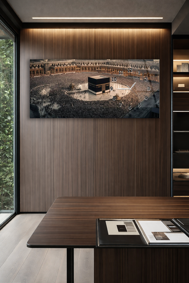 KIRILMAZ CAM DUVAR SAATİ , HEM TABLO HEM SAAT KABE MEKKE MANZARALI EV OFİS HEDİYESİ