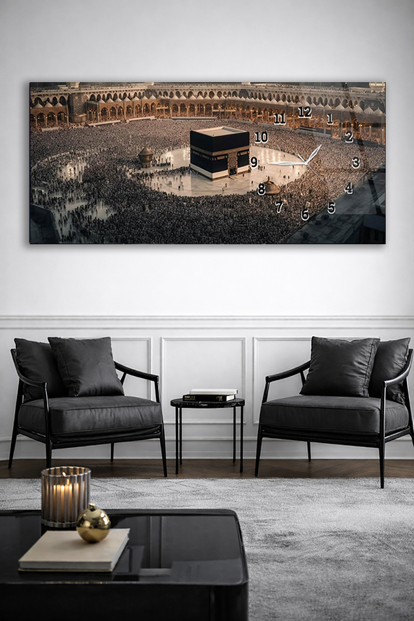 KIRILMAZ CAM DUVAR SAATİ , HEM TABLO HEM SAAT KABE MEKKE MANZARALI EV OFİS HEDİYESİ