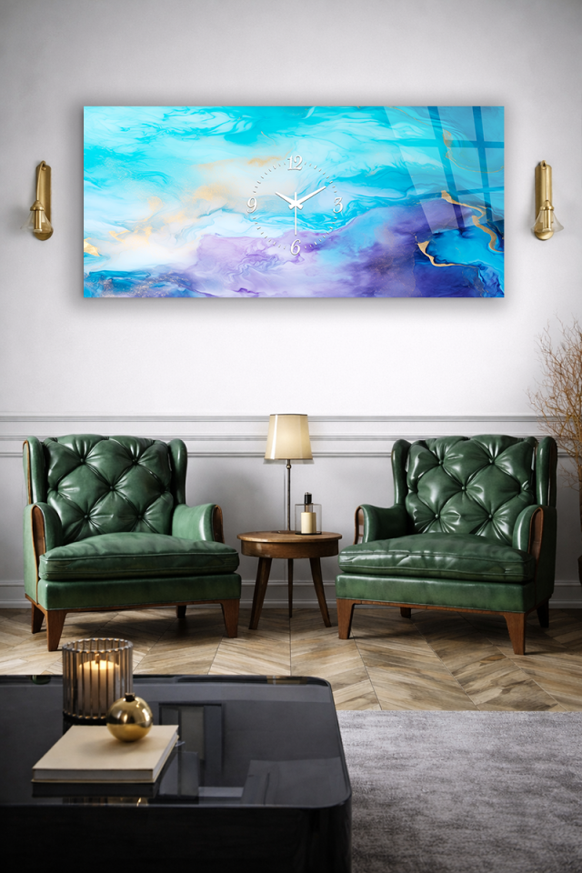 KIRILMAZ CAM DUVAR SAATİ , HEM TABLO HEM SAAT TURKUAZ MOR AKIŞKAN SANAT TASARIM EV OFİS HEDİYESİ