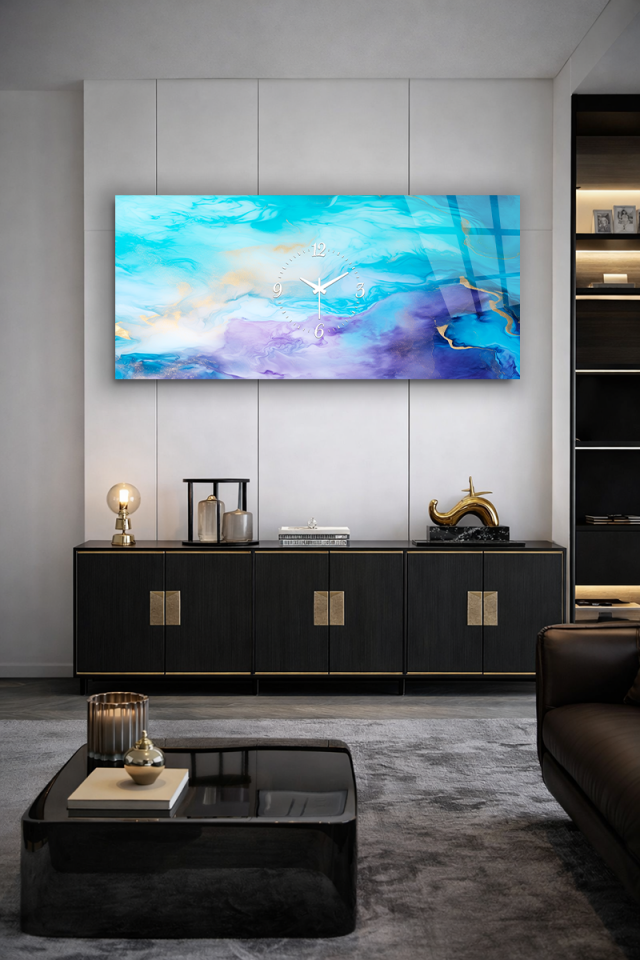 KIRILMAZ CAM DUVAR SAATİ , HEM TABLO HEM SAAT TURKUAZ MOR AKIŞKAN SANAT TASARIM EV OFİS HEDİYESİ