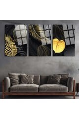3 LÜ HARİKA UYUM SİYAH TEMA ALTIN YAPRAK TABLO PARÇALI SET TABLO KIRILMAZ LÜKS CAM TABLO EV HEDİYESİ