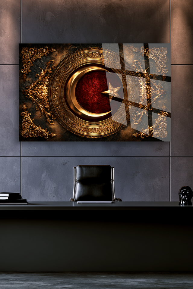 KIRMIZI ZEMİNLİ ALTIN YALDIZLI AY YILDIZ FİGÜRLÜ CAM TABLO SALON DEKORU