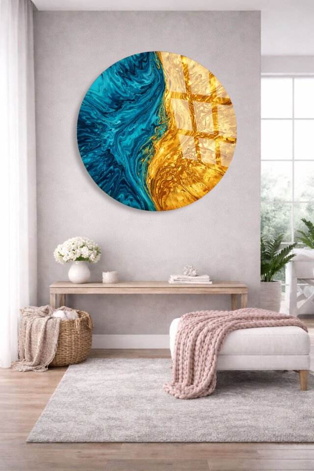 KIRILMAZ CAM DUVAR TABLOSU – TURKUAZ VE ALTIN MERMER SOYUT SANAT TASARIMI | MODERN DEKOR