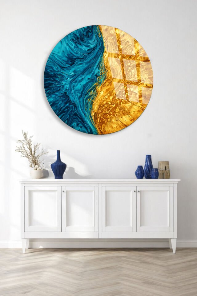 KIRILMAZ CAM DUVAR TABLOSU – TURKUAZ VE ALTIN MERMER SOYUT SANAT TASARIMI | MODERN DEKOR