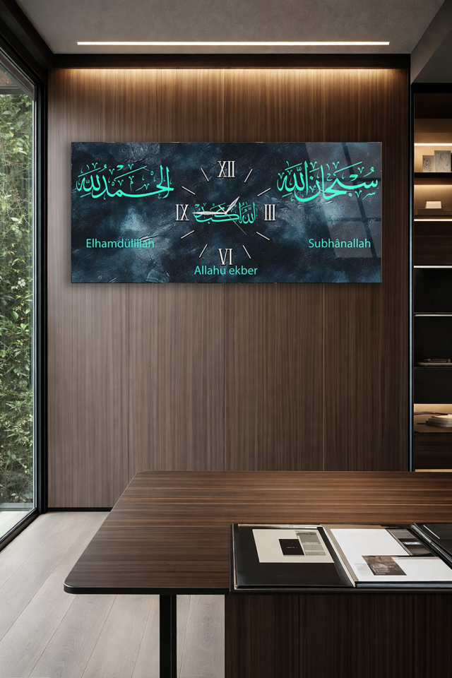 KIRILMAZ CAM DUVAR SAATİ , HEM TABLO HEM SAAT MODERN İSLAMİ HAT TASARIM EV OFİS HEDİYESİ